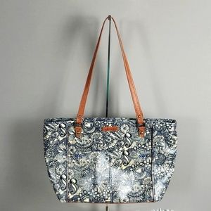 Sakroots Metro Tote Bag Blue, Cream w/Brown Faux Leather Trim